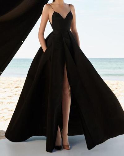 Black sleeveless v-neck spaghetti-straps split satin evening dress,1546