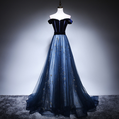 Dark blue velvet off shoulder long prom dress, evening dress,1549