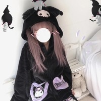 Black Kuromi Cute Cartoon Girl Plush Flannel Cozy Warm Winter Pajamas Sleepwear Long Sleeve Zip Up Hoodie Tops & Pants Two Piece - Thumbnail 8