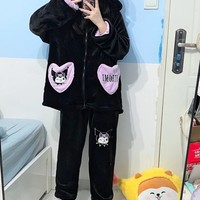 Black Kuromi Cute Cartoon Girl Plush Flannel Cozy Warm Winter Pajamas Sleepwear Long Sleeve Zip Up Hoodie Tops & Pants Two Piece - Thumbnail 9