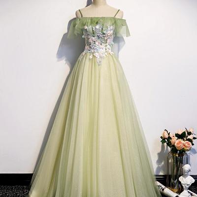 A line green tulle lace prom dresses - Thumbnail 1