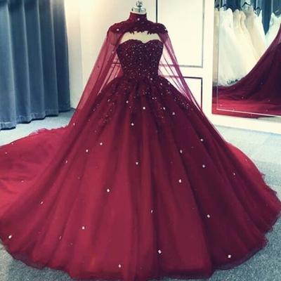 Wine red tulle ball gown prom dresses with cape - Thumbnail 2