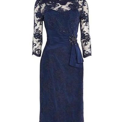 Knee length jewel neck blue lace short mother of the bride dresses  - Thumbnail 3