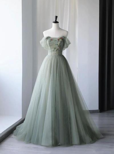 Off Shoulder Green Tulle Long Prom Dress, Evening Dress