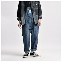 Multi-Pocket Bib Jeans Men's Washed Denim Overalls - Thumbnail 4