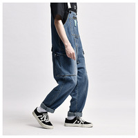 Multi-Pocket Bib Jeans Men's Washed Denim Overalls - Thumbnail 2