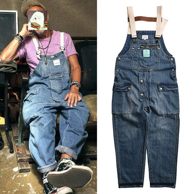 Multi-pocket bib jeans men's washed denim overalls - Thumbnail 3