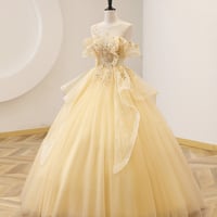 Yellow Ball Gown Beaded Sweet 16 Dress, Yellow Long Prom Dress Formal Dress - Thumbnail 2