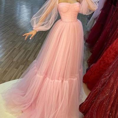 Pretty a line pink tulle long sleeves party dresses - Thumbnail 2