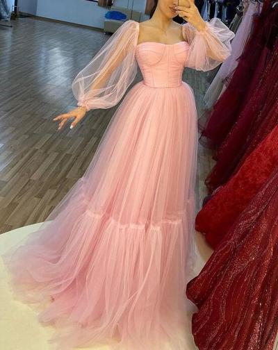 Pretty A Line Pink Tulle Long Sleeves Party Dresses