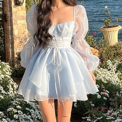 Women girl fashion spring summer puff sleeve tutu blue dress