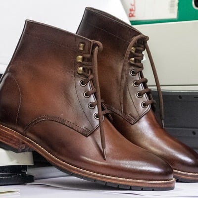 Ankle high brown leather lace up boot, handmade men's formal wear boot , men's rubber sole boot - Thumbnail 2