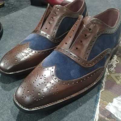 Hot sale men's hand stitch brown blue shoes, leather suede wingtip brogue oxfords lace up shoes - Thumbnail 1