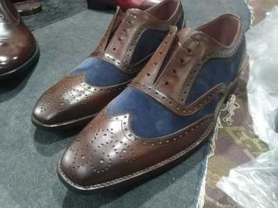 Hot Sale Men's Hand Stitch Brown Blue Shoes, Leather Suede Wingtip Brogue Oxfords Lace Up Shoes