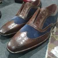 Hot Sale Men's Hand Stitch Brown Blue Shoes, Leather Suede Wingtip Brogue Oxfords Lace Up Shoes - Thumbnail 1