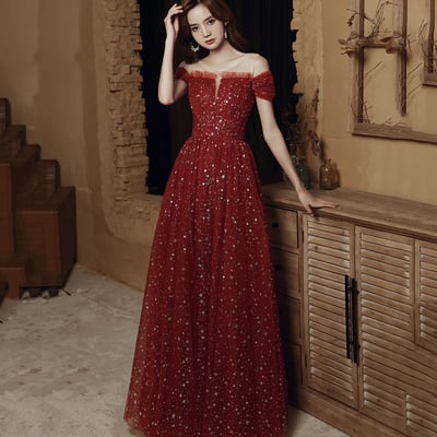 Burgundy tulle long prom dress, beautiful a-line evening dress - Thumbnail 1