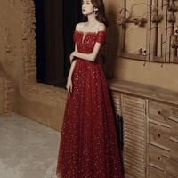 Burgundy Tulle Long Prom Dress, Beautiful A-Line Evening Dress - Thumbnail 2