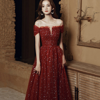 Burgundy Tulle Long Prom Dress, Beautiful A-Line Evening Dress - Thumbnail 3