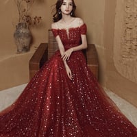 Burgundy Tulle Long Prom Dress, Beautiful A-Line Evening Dress - Thumbnail 4