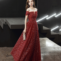 Burgundy Tulle Long Prom Dress, Beautiful A-Line Evening Dress - Thumbnail 5