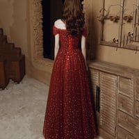 Burgundy Tulle Long Prom Dress, Beautiful A-Line Evening Dress - Thumbnail 6