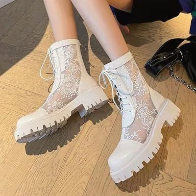 New lace-up mesh short boots mesh thick-soled martin boots summer breathable hollow sandals - Thumbnail 2