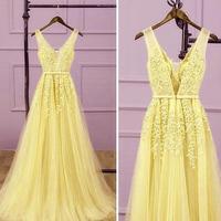 A Line V Neck Long Yellow Evening Gowns - Thumbnail 1