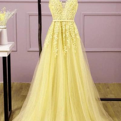 A line v neck long yellow evening gowns - Thumbnail 1