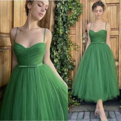 Tea Length Prom Dresses Green Spaghetti Straps