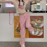 Street Fashion Cool Women Girl Retro Waist Wide Leg Sweet Pink Pattern Pants Trousers Jeans - Thumbnail 2