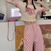 Street Fashion Cool Women Girl Retro Waist Wide Leg Sweet Pink Pattern Pants Trousers Jeans - Thumbnail 5