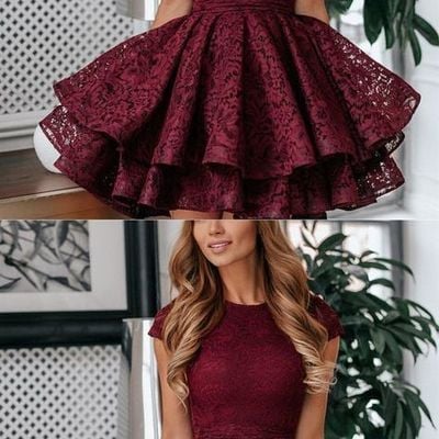 A-line round neck juniors dresses, short red lace homecoming dress,1550 - Thumbnail 1