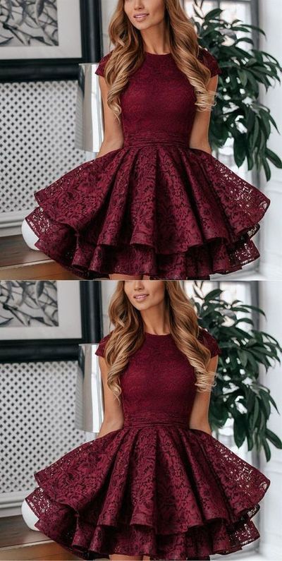 A-Line Round Neck Juniors Dresses, Short Red Lace Homecoming Dress,1550