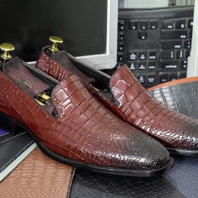 Handmade alligator skin brown leather slip on loafer shoes, formal and party wear shoes for men's - Thumbnail 3