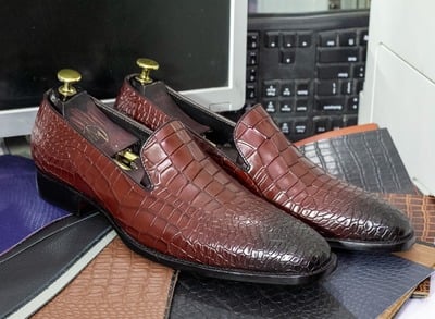 Handmade Alligator Skin Brown Leather Slip On Loafer Shoes, Formal and Party Wear Shoes for Men's