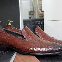 Handmade Alligator Skin Brown Leather Slip On Loafer Shoes, Formal and Party Wear Shoes for Men's - Thumbnail 1