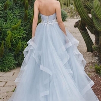 Exquisite Strapless Blue Wedding Dresses with Sweep Train Lace Applique Beach Wedding Dresses Chic Tiered Tulle Ball Gown Wedding Dresses,1553 - Thumbnail 1