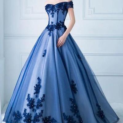 Princess off shoulder blue evening dresses lace applique elegant prom dresses beaded cheap evening gowns with short sleeve for formal party,1554 - Thumbnail 1