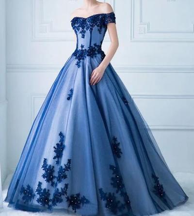 Princess Off Shoulder Blue Evening Dresses Lace Applique Elegant Prom Dresses Beaded Cheap Evening Gowns with Short Sleeve for Formal Party,1554