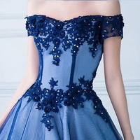 Princess Off Shoulder Blue Evening Dresses Lace Applique Elegant Prom Dresses Beaded Cheap Evening Gowns with Short Sleeve for Formal Party,1554 - Thumbnail 1
