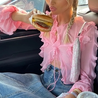 Pink Sheer Ruffle Long Sleeve Shirt  - Thumbnail 2