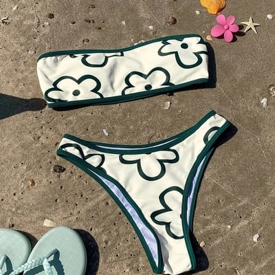 Green contrast floral print bikini set - Thumbnail 4