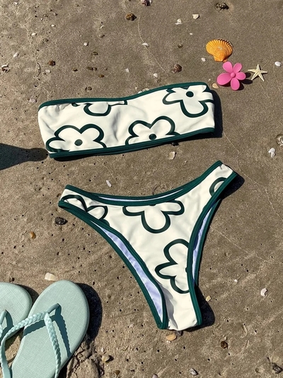Green Contrast Floral Print Bikini Set