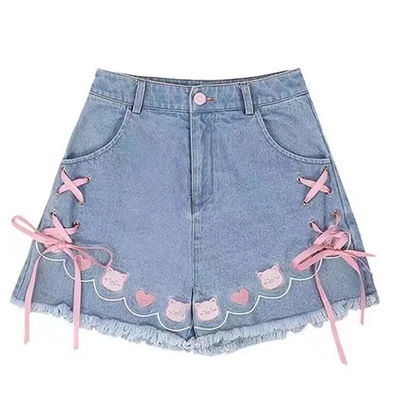 Cat embroidery pink ribbon denim shorts