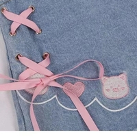 Cat Embroidery Pink Ribbon Denim Shorts - Thumbnail 1