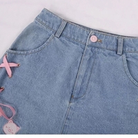 Cat Embroidery Pink Ribbon Denim Shorts - Thumbnail 3