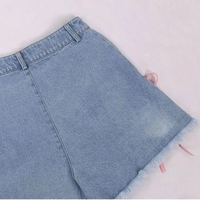 Cat Embroidery Pink Ribbon Denim Shorts - Thumbnail 4
