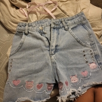 Cat Embroidery Pink Ribbon Denim Shorts - Thumbnail 5