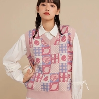 Pink Floral Checkered Sweater Vest  - Thumbnail 1