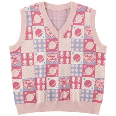 Pink floral checkered sweater vest  - Thumbnail 5